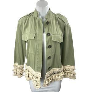 Zara Green Crochet Fringe Trim Button Front Pockets Long Sleeve Jacket Size XS